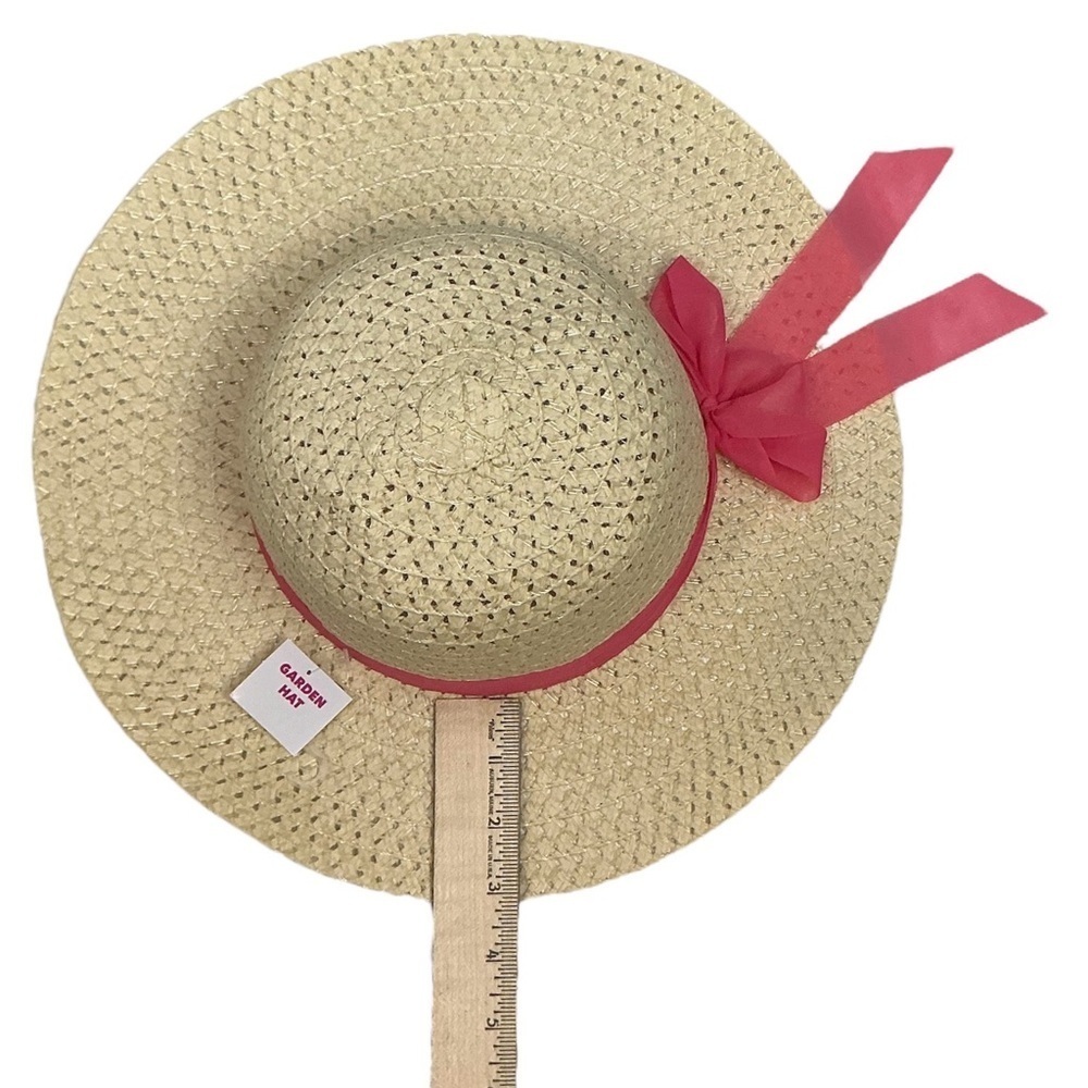 Straw Sun Beach Hat with Wide Brim Boho Chic Pink Coral Ribbon Bow Women OS - Picture 7 of 16